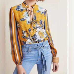Anthropologie Bl^Nk London Floral Yellow and Blue Women's Blouse, Long Sleeve, S